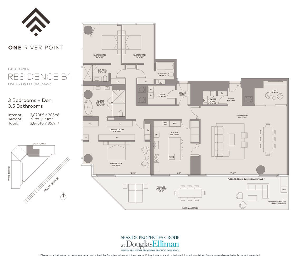 The Residence B1 East Floorplan at One River Point, Luxury Waterfront Condos in Miami, Florida 33130