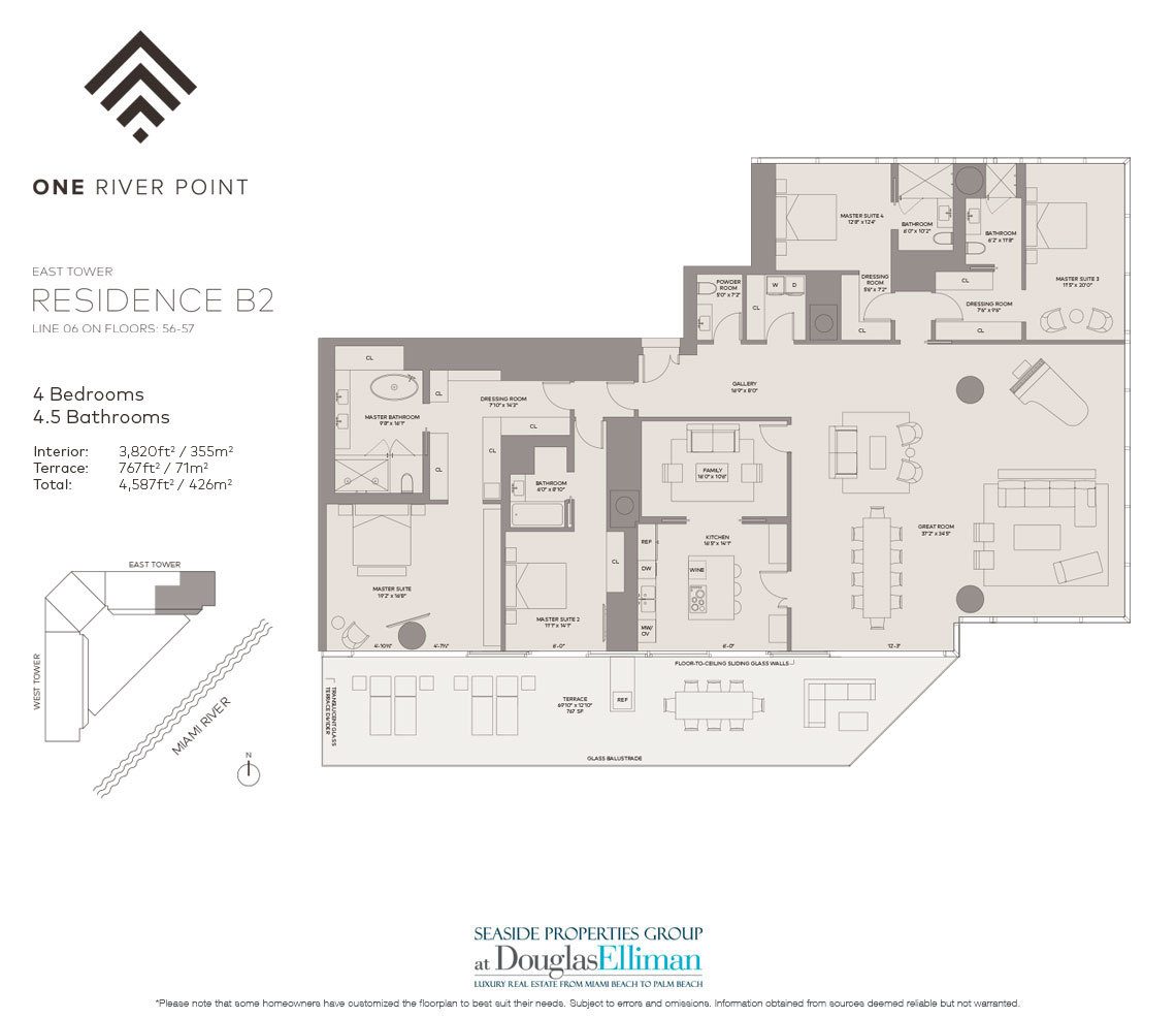 The Residence B2 East Floorplan at One River Point, Luxury Waterfront Condos in Miami, Florida 33130