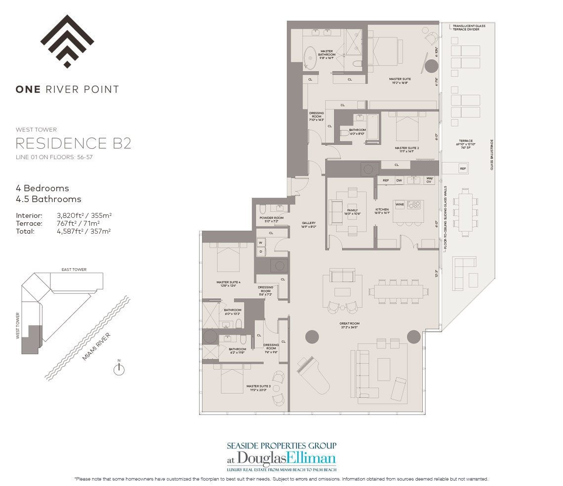 The Residence B2 West Floorplan at One River Point, Luxury Waterfront Condos in Miami, Florida 33130