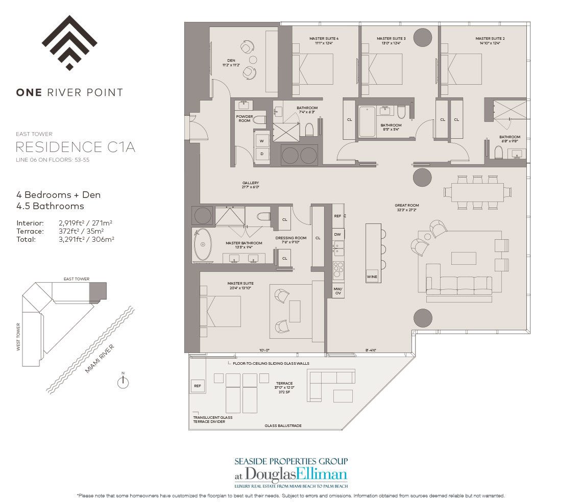The Residence C1A East Floorplan at One River Point, Luxury Waterfront Condos in Miami, Florida 33130