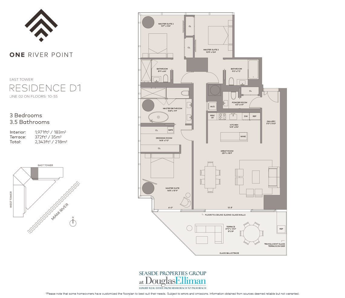 The Residence D1 East Floorplan at One River Point, Luxury Waterfront Condos in Miami, Florida 33130