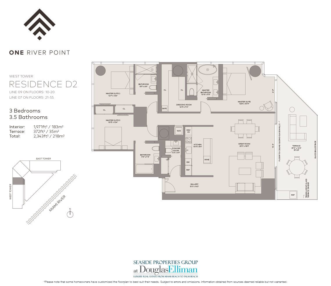 The Residence D2 West Floorplan at One River Point, Luxury Waterfront Condos in Miami, Florida 33130