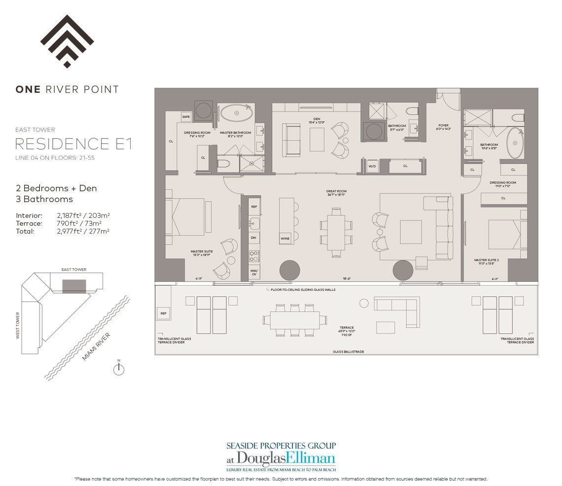 The Residence E1 East Floorplan at One River Point, Luxury Waterfront Condos in Miami, Florida 33130