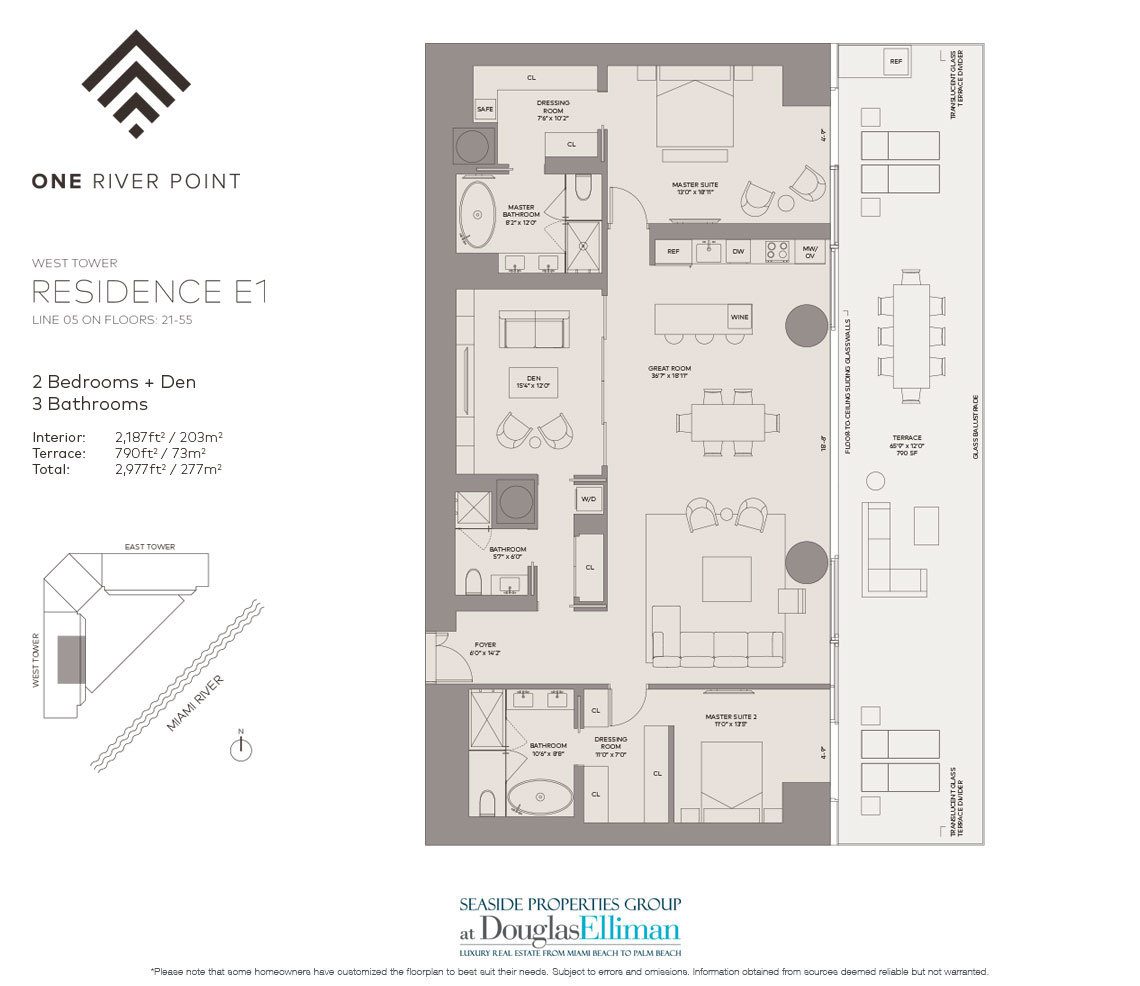 The Residence E1 West Floorplan at One River Point, Luxury Waterfront Condos in Miami, Florida 33130