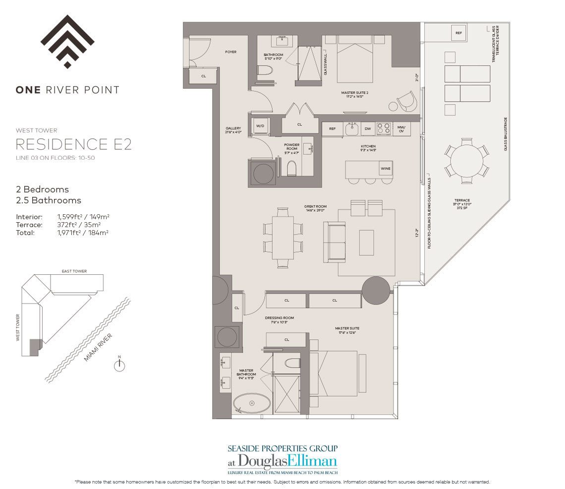 The Residence E2 West Floorplan at One River Point, Luxury Waterfront Condos in Miami, Florida 33130