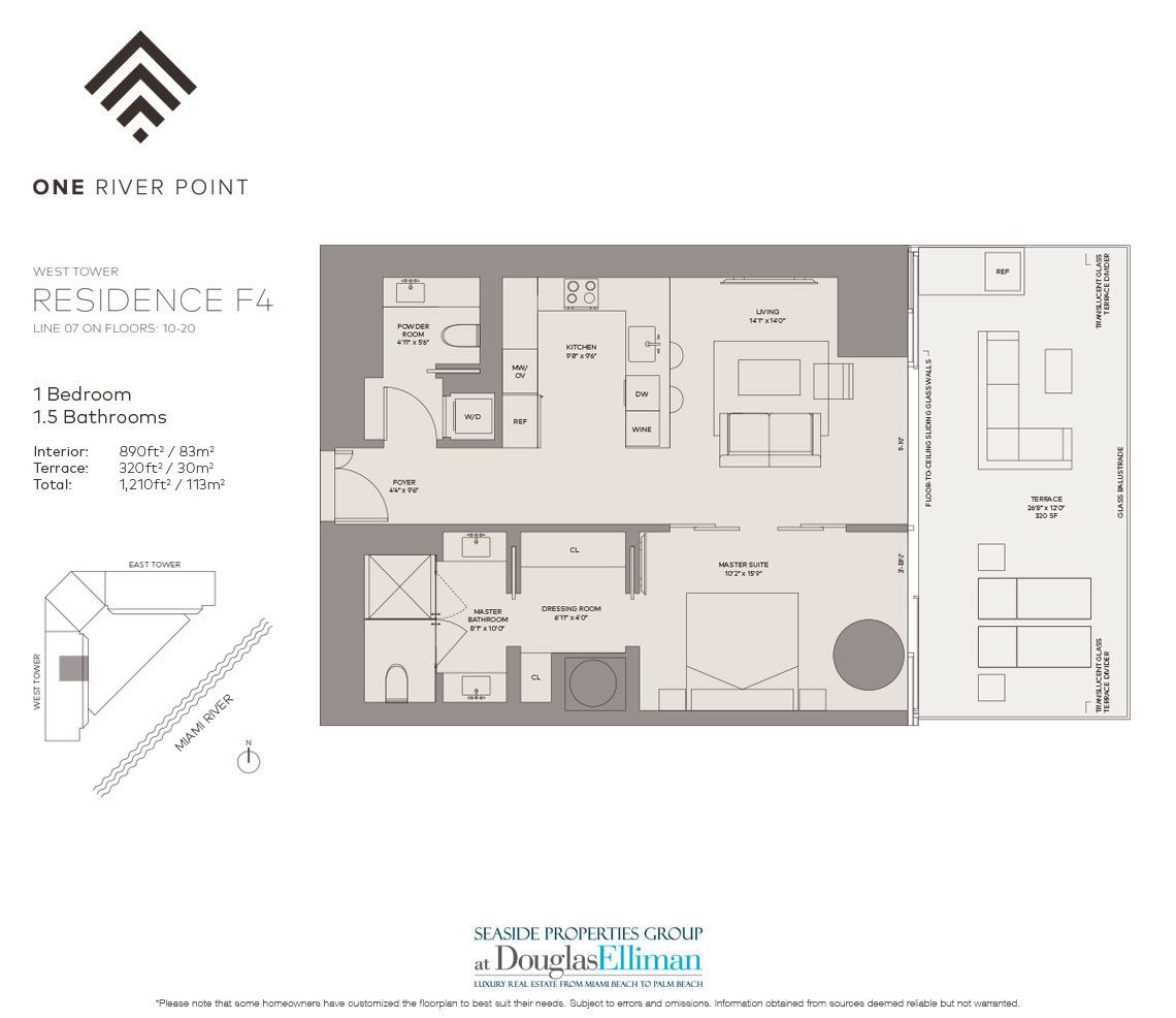 The Residence F4 West Floorplan at One River Point, Luxury Waterfront Condos in Miami, Florida 33130