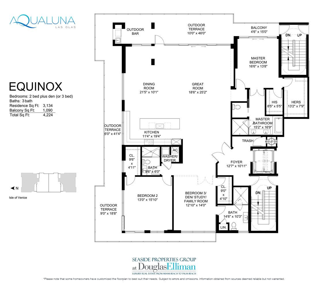 The Equinox Floorplan for AquaLuna Las Olas, Luxury Waterfront Condos in Fort Lauderdale, Florida 33301