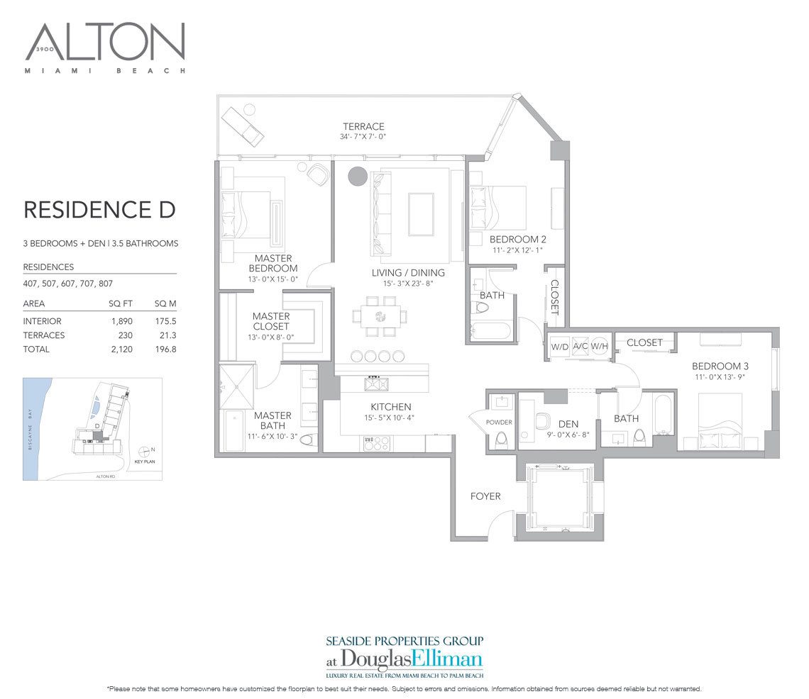 The Residence D Floorplan at 3900 Alton, Luxury Waterfront Condos in Miami Beach, Florida 33140