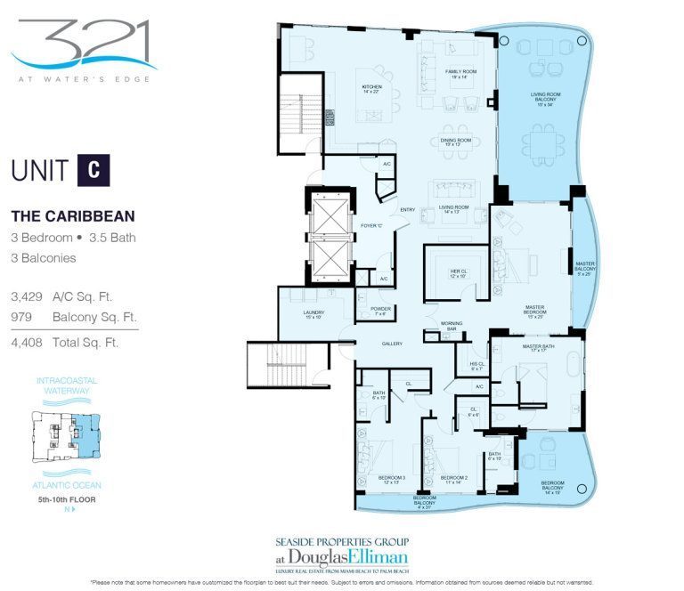 The Residence C Caribbean Floorplan at 321 at Water's Edge, Luxury Waterfront Condos in Fort Lauderdale, Florida 33304