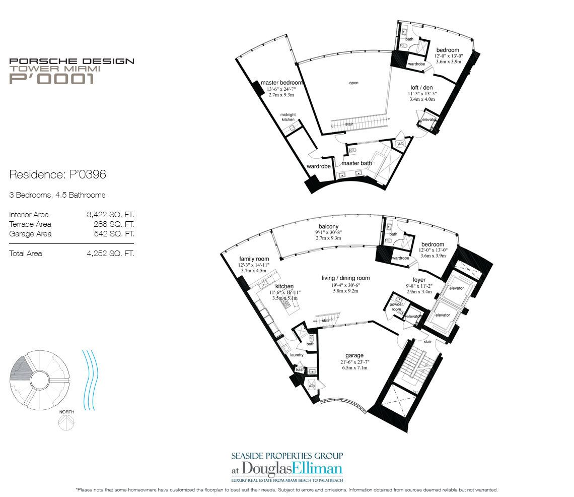The P'0396 Floorplan for Porsche Design Tower Miami, Luxury Oceanfront Condos in Sunny Isles Beach, Florida 33160