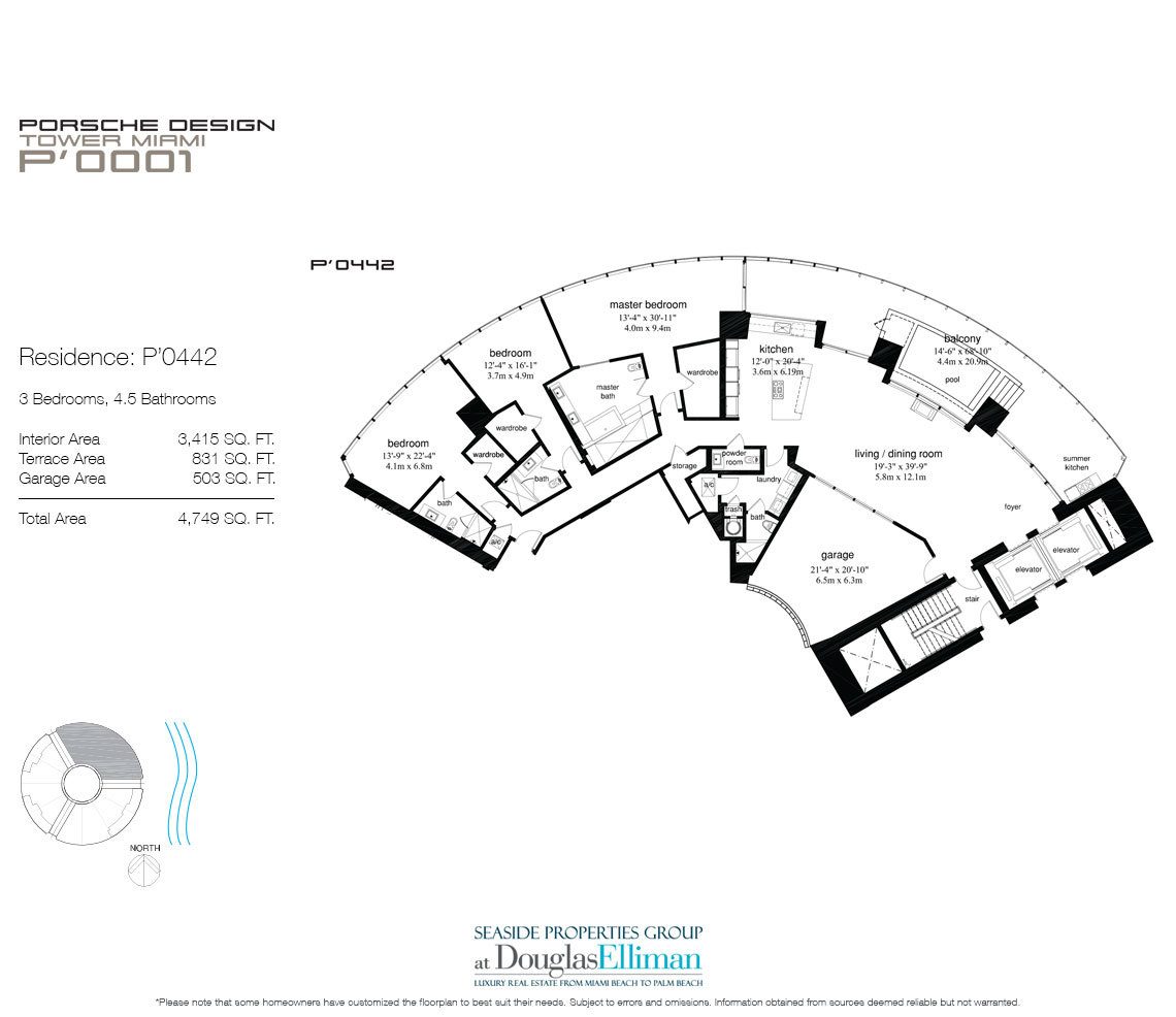 The P'0442 Floorplan for Porsche Design Tower Miami, Luxury Oceanfront Condos in Sunny Isles Beach, Florida 33160