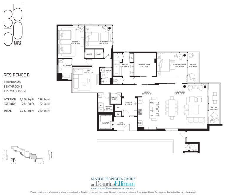The Residence B Floorplan at 3550 South Ocean, Luxury Oceanfront Condos in Palm Beach, Florida 33480