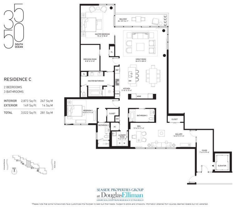 The Residence C Floorplan at 3550 South Ocean, Luxury Oceanfront Condos in Palm Beach, Florida 33480