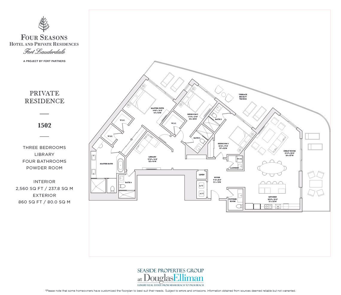 The 1502 Model Floorplan for the Four Seasons Private Residences Fort Lauderdale, Luxury Oceanfront Condos in Fort Lauderdale, Florida 33304.