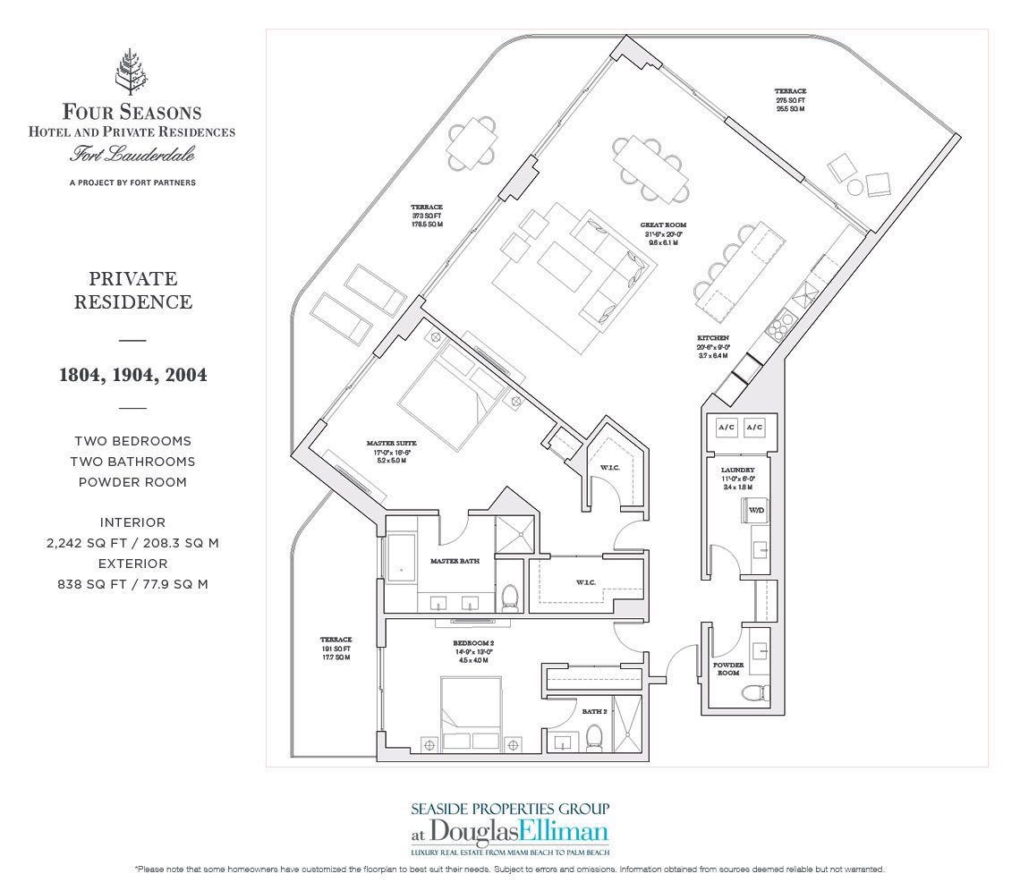 The 1804-2004 Model Floorplan for the Four Seasons Private Residences Fort Lauderdale, Luxury Oceanfront Condos in Fort Lauderdale, Florida 33304.