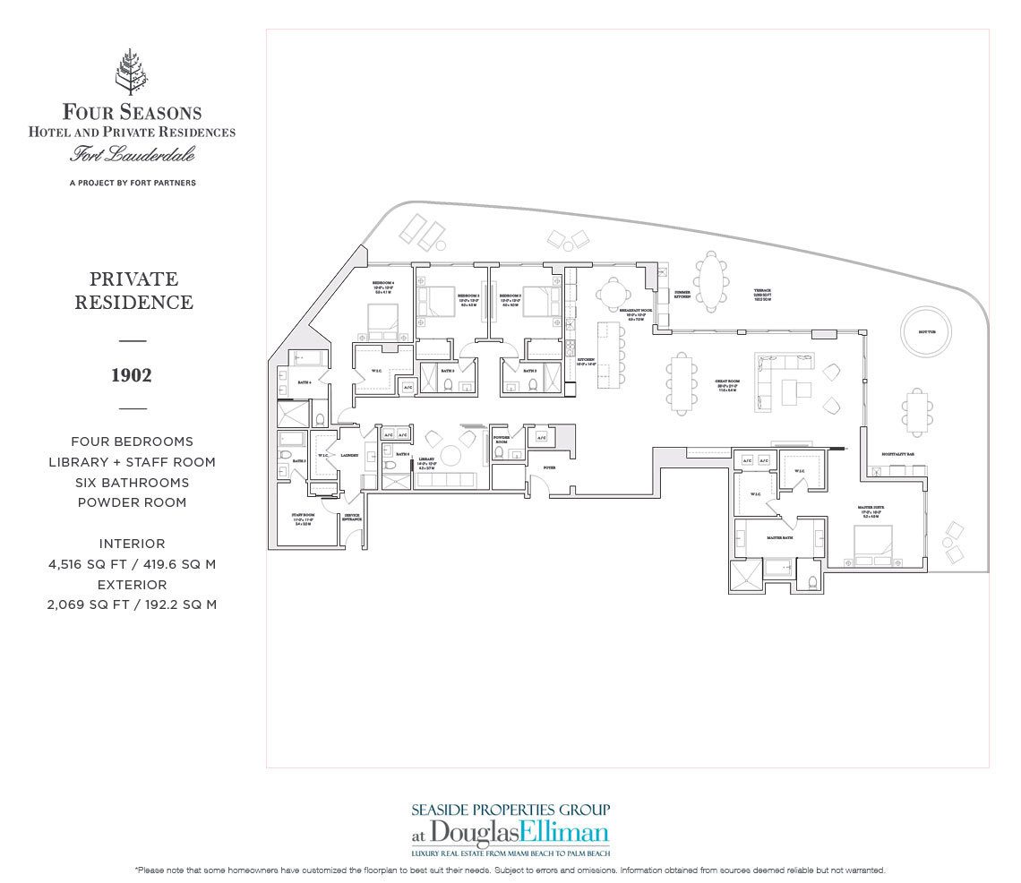 The 1902 Model Floorplan for the Four Seasons Private Residences Fort Lauderdale, Luxury Oceanfront Condos in Fort Lauderdale, Florida 33304.