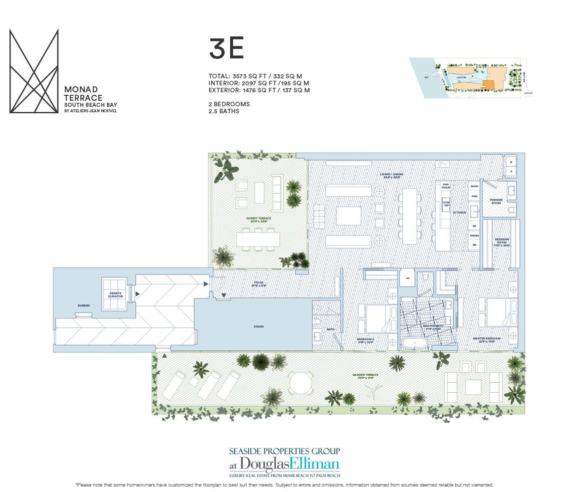The 3E Model Floorplan for Monad Terrace, Luxury Waterfront Condos in South Beach, Miami, Florida 33139.