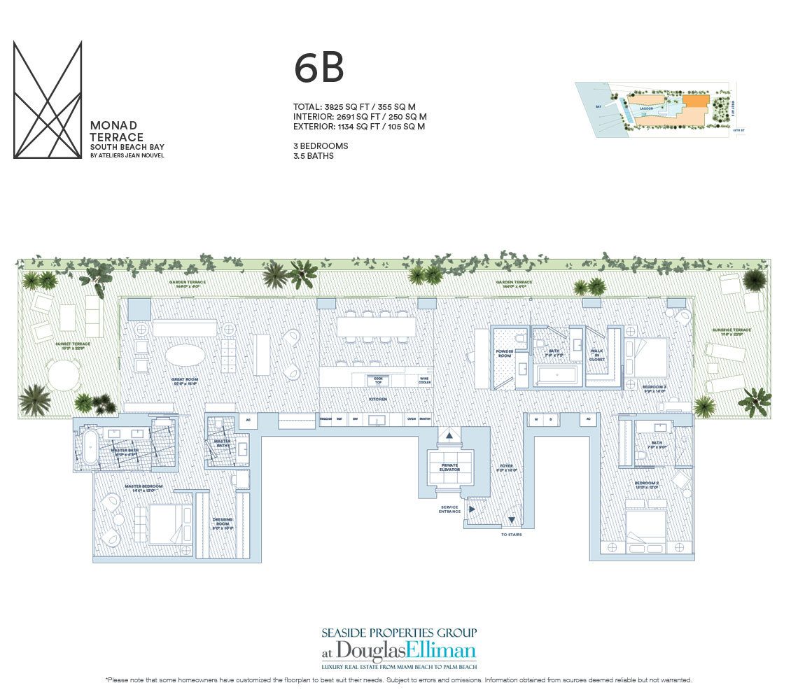 The 6B Model Floorplan for Monad Terrace, Luxury Waterfront Condos in South Beach, Miami, Florida 33139.