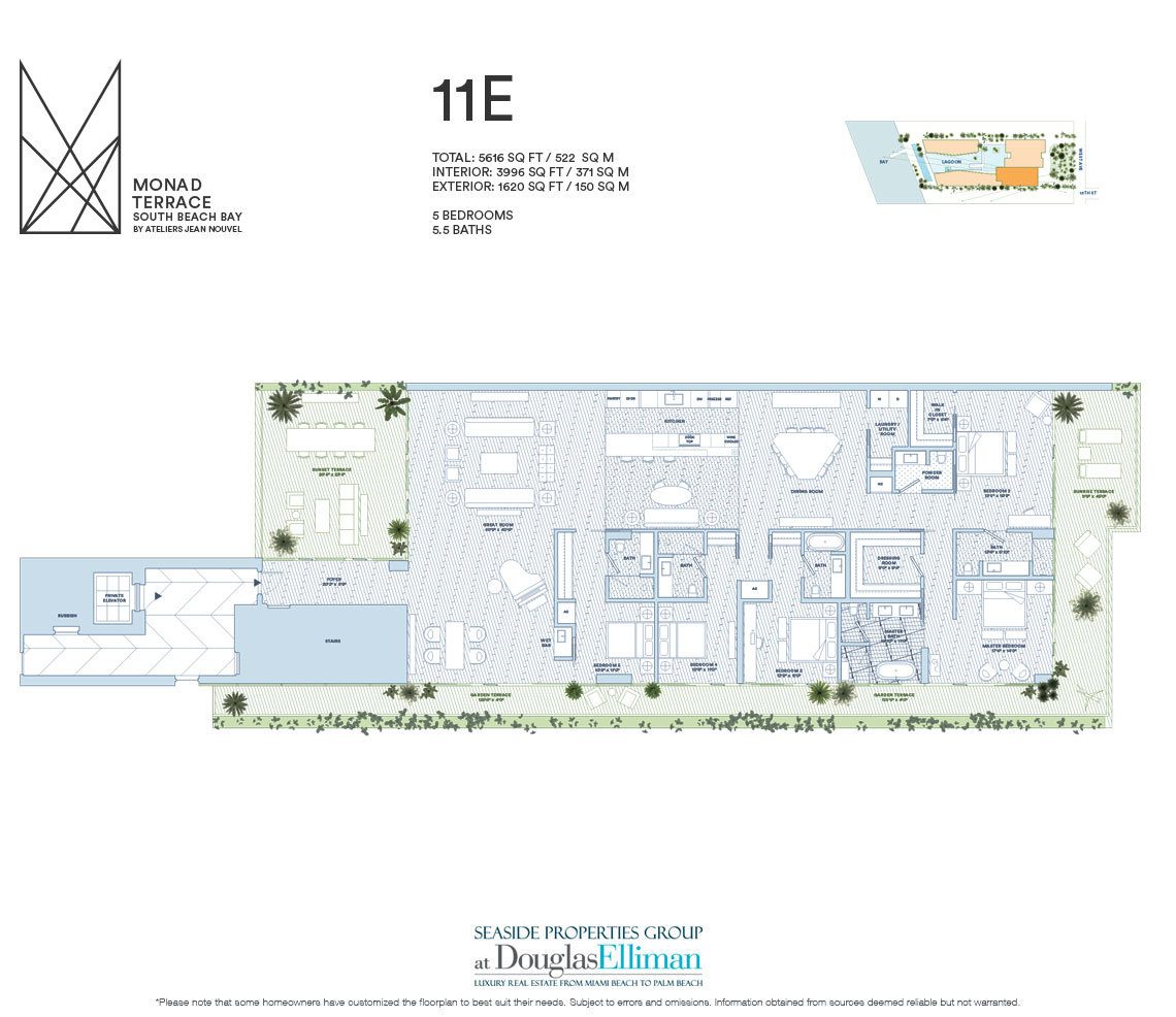 The 11E Model Floorplan for Monad Terrace, Luxury Waterfront Condos in South Beach, Miami, Florida 33139.