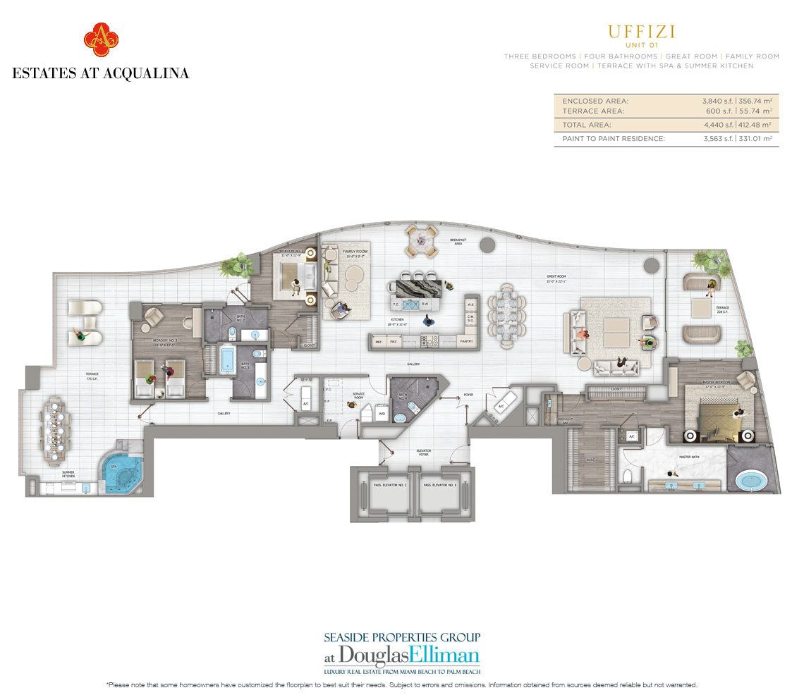The Uffizi Floorplan at the Estates at Acqualina, Luxury Oceanfront Condos in Sunny Isles Beach, Florida 33160