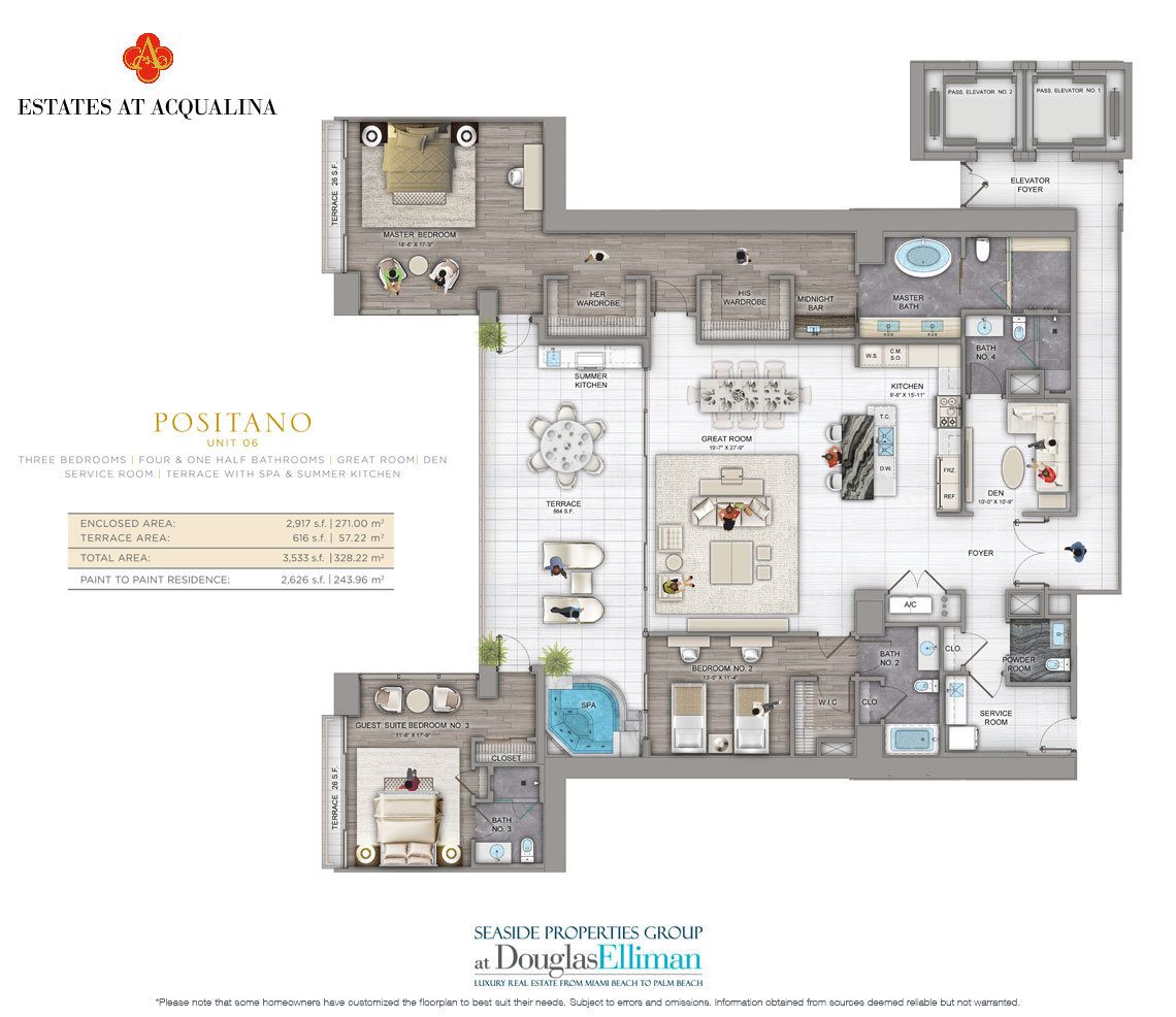 The Positano Floorplan at the Estates at Acqualina, Luxury Oceanfront Condos in Sunny Isles Beach, Florida 33160
