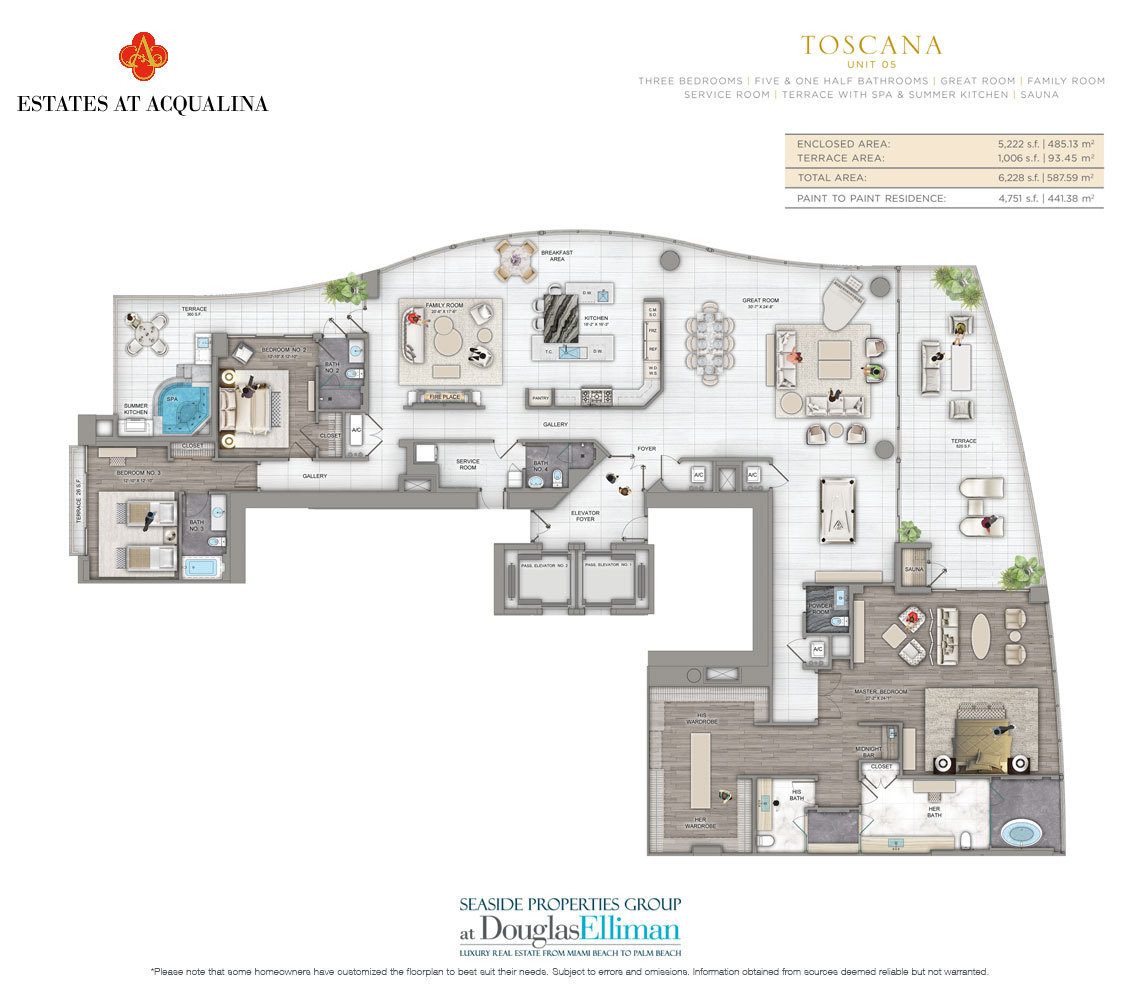 The Toscana Floorplan at the Estates at Acqualina, Luxury Oceanfront Condos in Sunny Isles Beach, Florida 33160