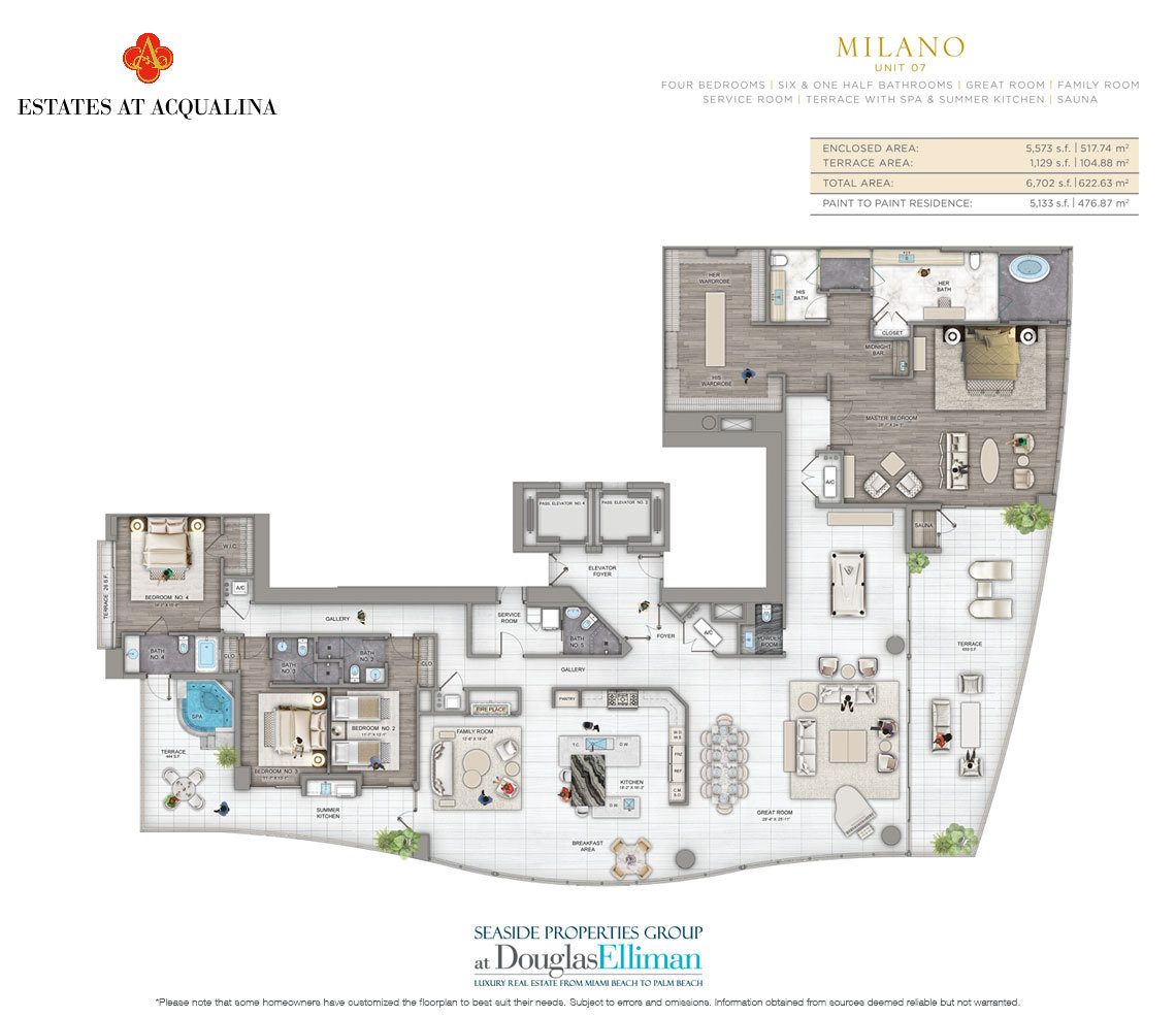 The Milano Floorplan at the Estates at Acqualina, Luxury Oceanfront Condos in Sunny Isles Beach, Florida 33160