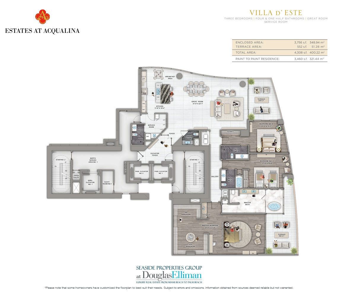 The Villa D’Este Floorplan at the Estates at Acqualina, Luxury Oceanfront Condos in Sunny Isles Beach, Florida 33160