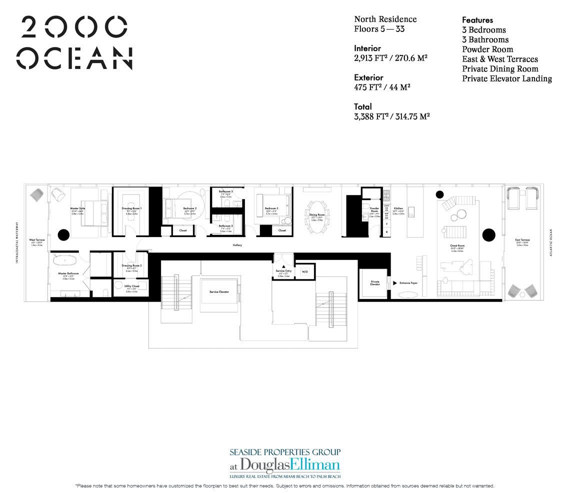The Half-Floor North Residence Floorplan at 2000 Ocean, Luxury Oceanfront Condos in Hallandale Beach, Florida 33009.