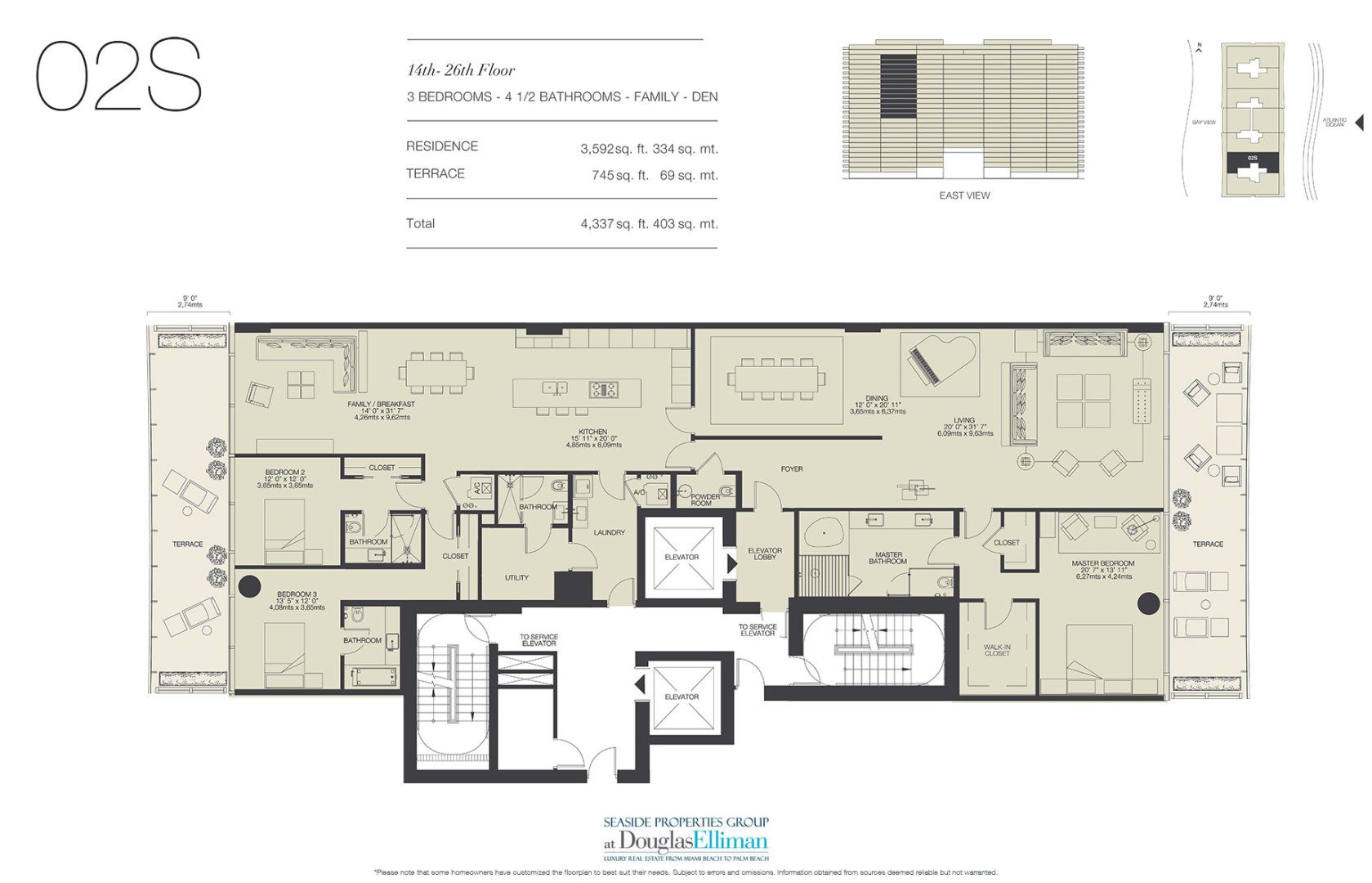 The 02S Floorplan for Oceana Bal Harbour, Luxury Oceanfront Condos in Bal Harbour, Florida 33154