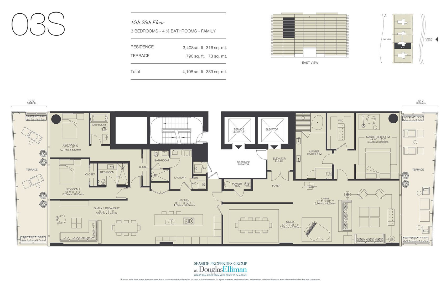 The 03S Floorplan for Oceana Bal Harbour, Luxury Oceanfront Condos in Bal Harbour, Florida 33154