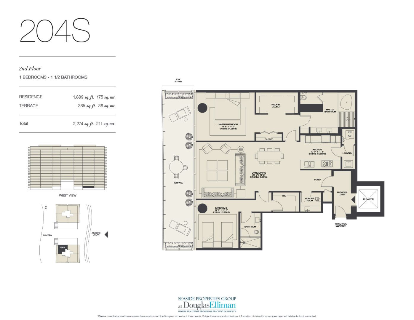The 204S Floorplan for Oceana Bal Harbour, Luxury Oceanfront Condos in Bal Harbour, Florida 33154