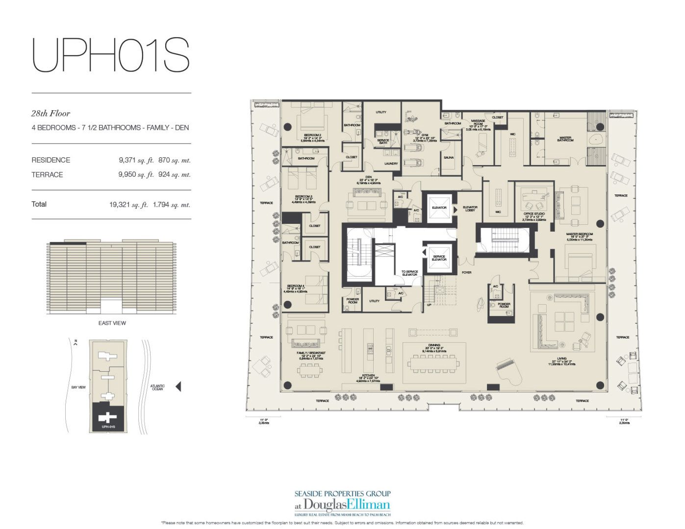 The UPH01S Floorplan for Oceana Bal Harbour, Luxury Oceanfront Condos in Bal Harbour, Florida 33154