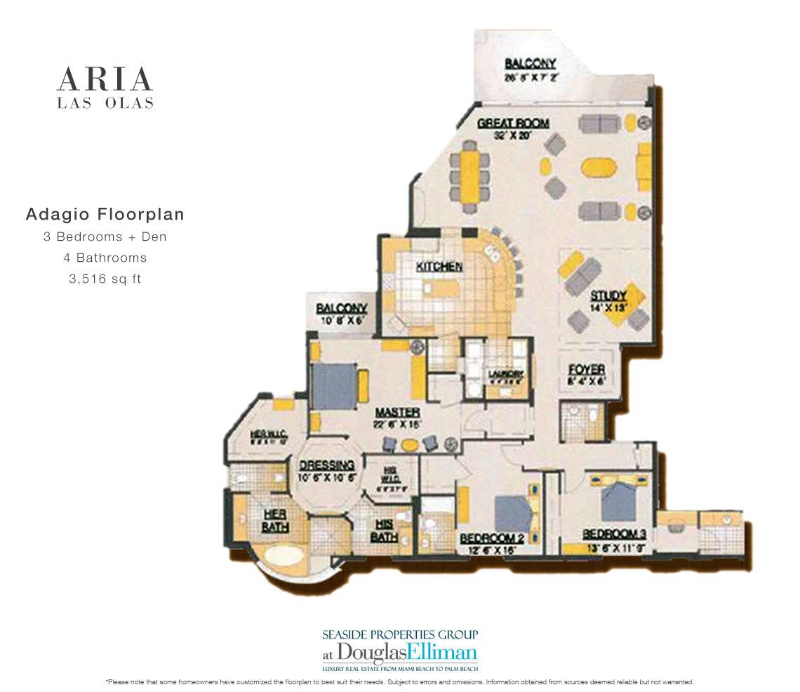 The Adagio Model Floorplan for Aria at Las Olas, Luxury Waterfront Condos in Fort Lauderdale, Florida 33301.