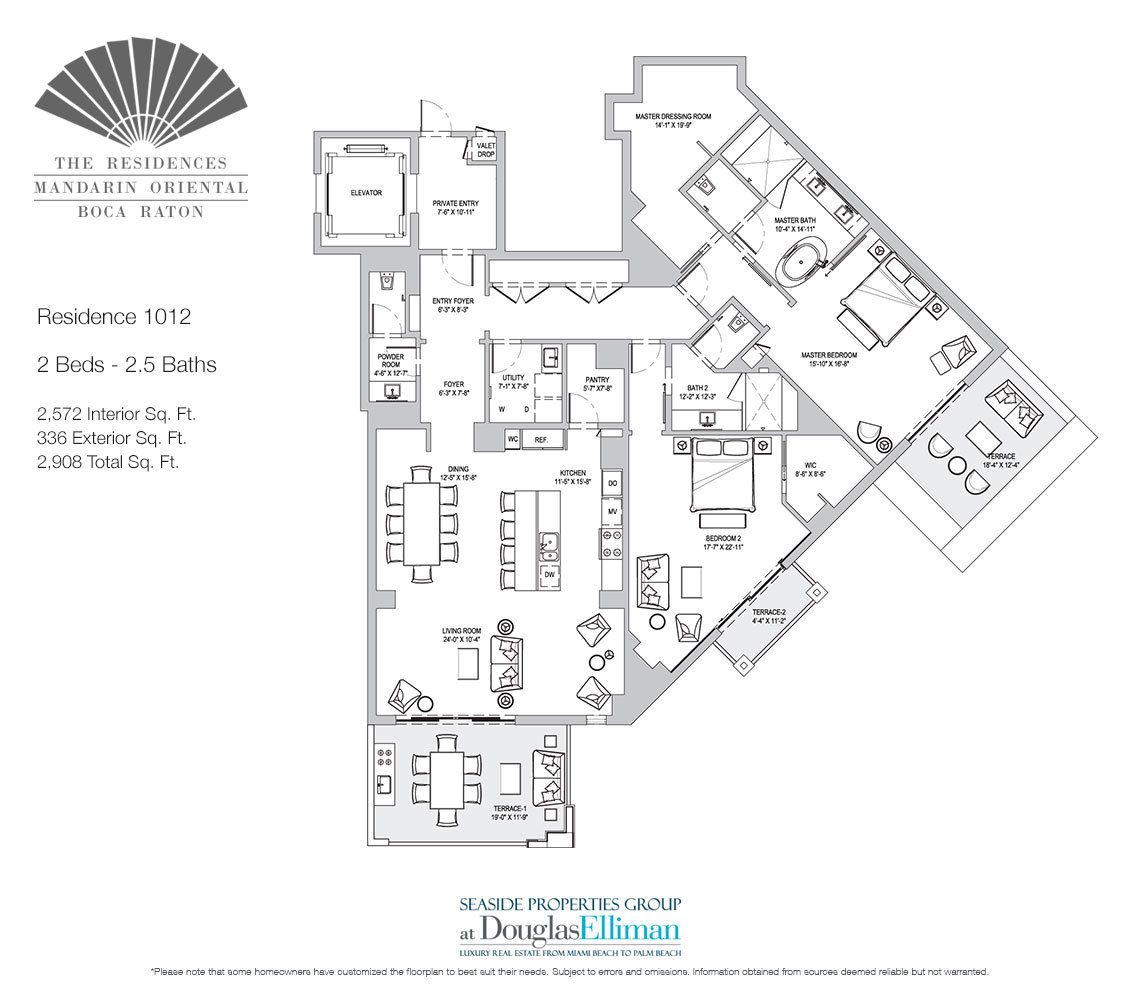 The Residence 1012 Floorplan for The Residences at Mandarin Oriental, Luxury Condos in Boca Raton, Florida.