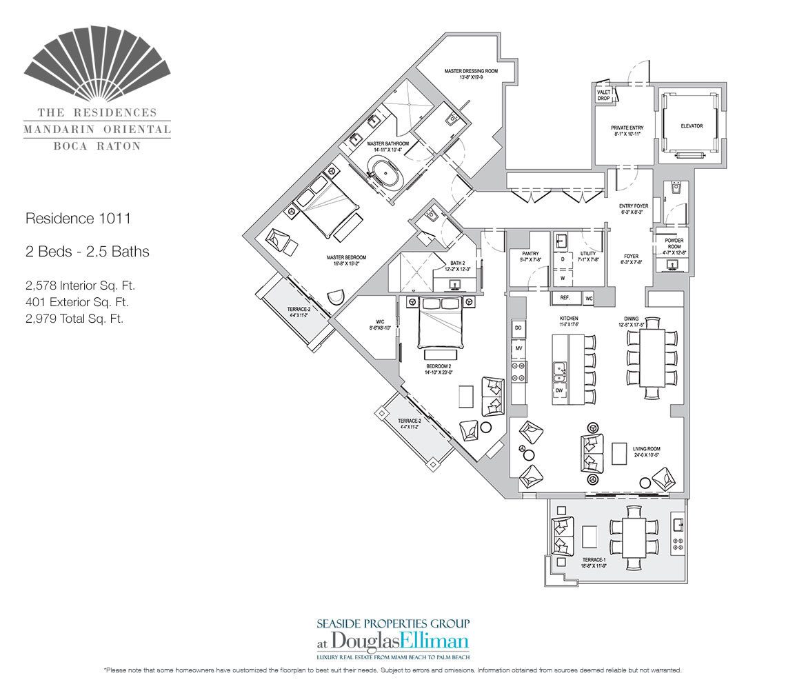 The Residence 1011 Floorplan for The Residences at Mandarin Oriental, Luxury Condos in Boca Raton, Florida.