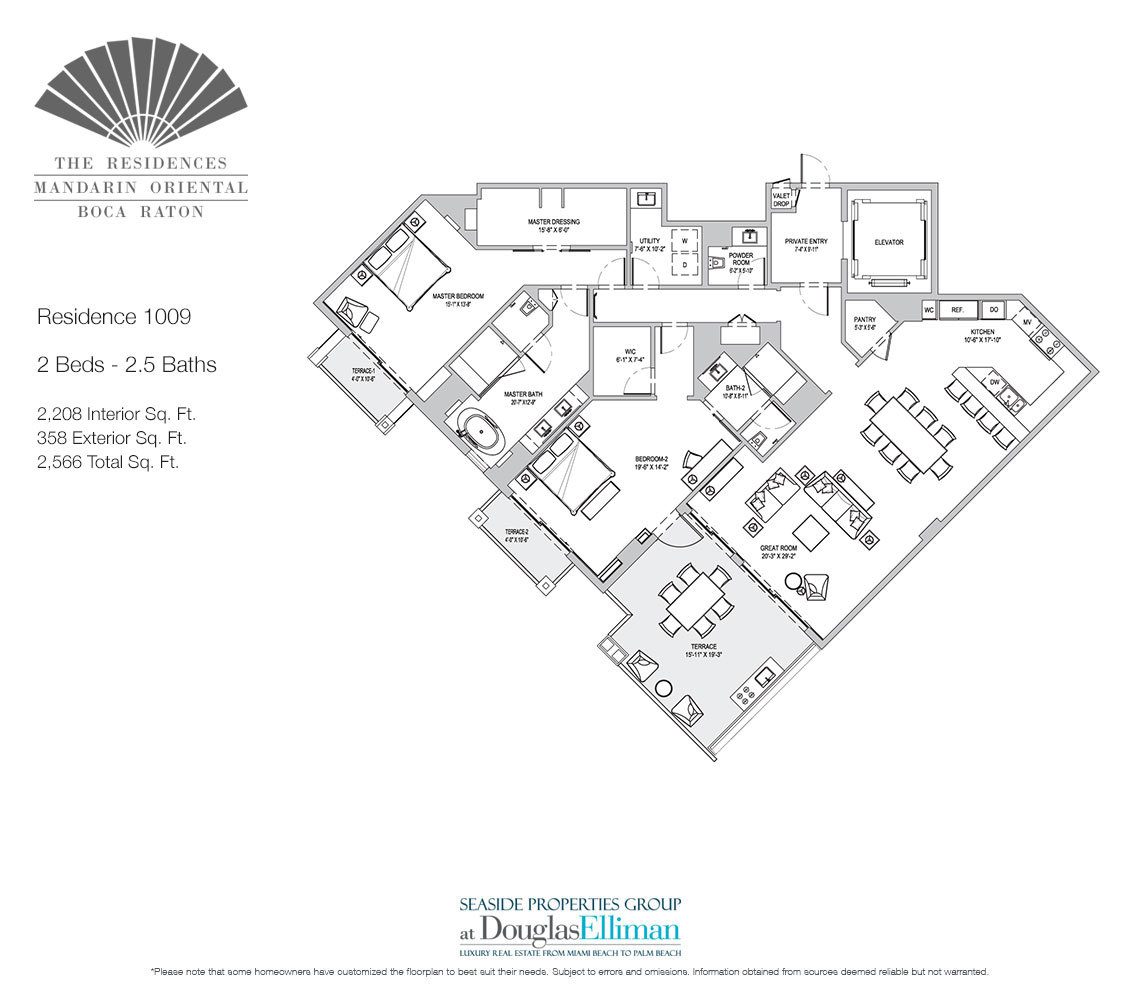 The Residence 1009 Floorplan for The Residences at Mandarin Oriental, Luxury Condos in Boca Raton, Florida.
