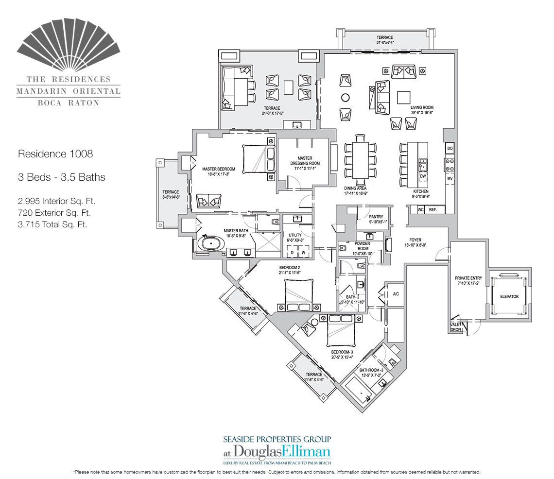 The Residence 1008 Floorplan for The Residences at Mandarin Oriental, Luxury Condos in Boca Raton, Florida.