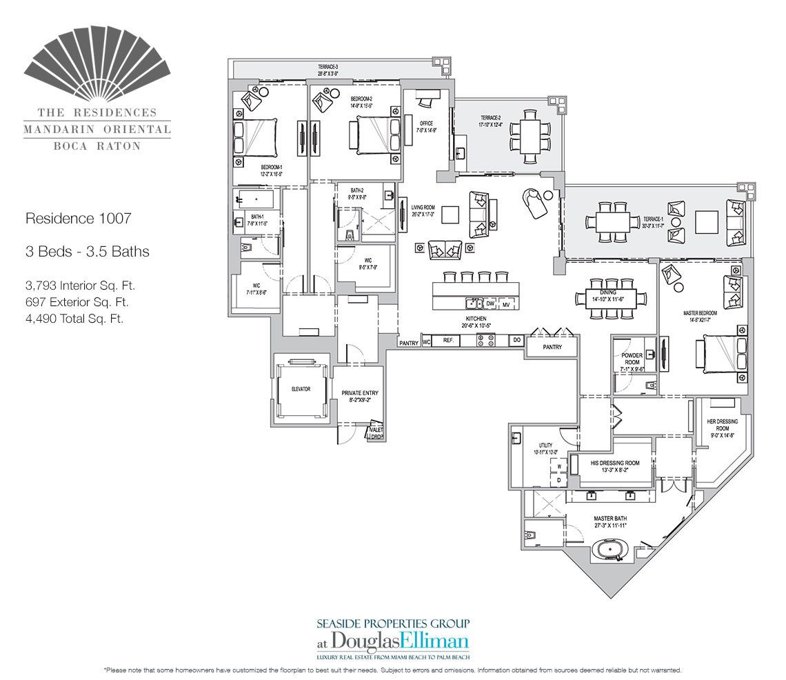 The Residence 1007 Floorplan for The Residences at Mandarin Oriental, Luxury Condos in Boca Raton, Florida.