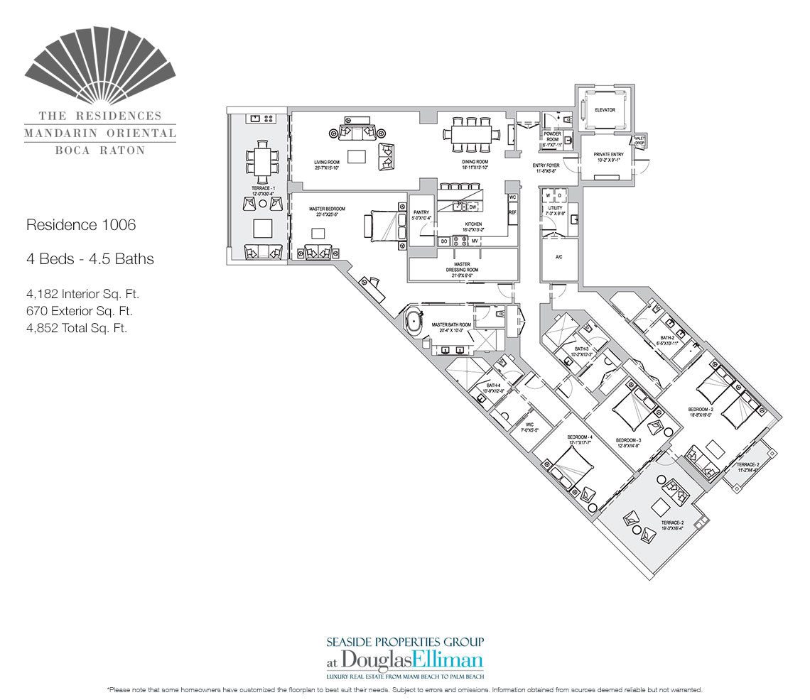The Residence 1006 Floorplan for The Residences at Mandarin Oriental, Luxury Condos in Boca Raton, Florida.