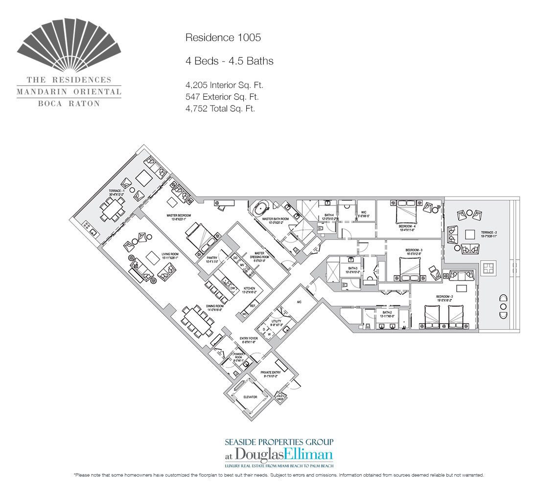 The Residence 1005 Floorplan for The Residences at Mandarin Oriental, Luxury Condos in Boca Raton, Florida.