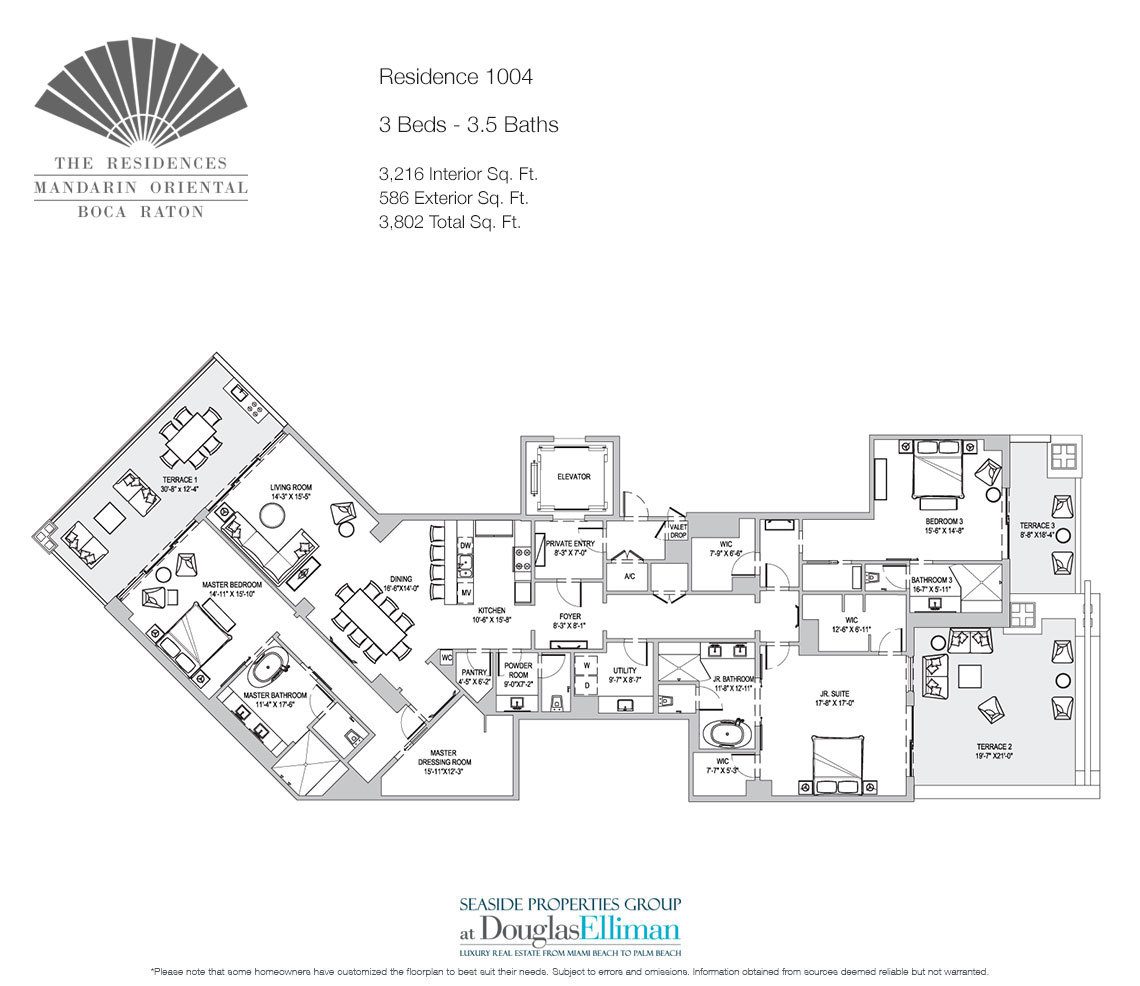 The Residence 1004 Floorplan for The Residences at Mandarin Oriental, Luxury Condos in Boca Raton, Florida.