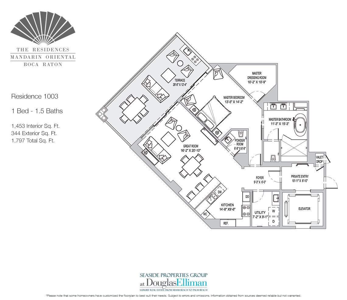 The Residence 1003 Floorplan for The Residences at Mandarin Oriental, Luxury Condos in Boca Raton, Florida.