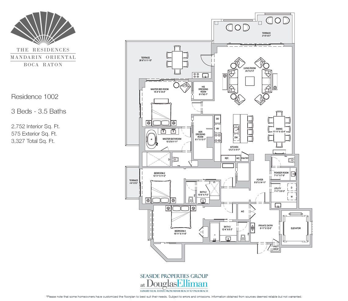 The Residence 1002 Floorplan for The Residences at Mandarin Oriental, Luxury Condos in Boca Raton, Florida.