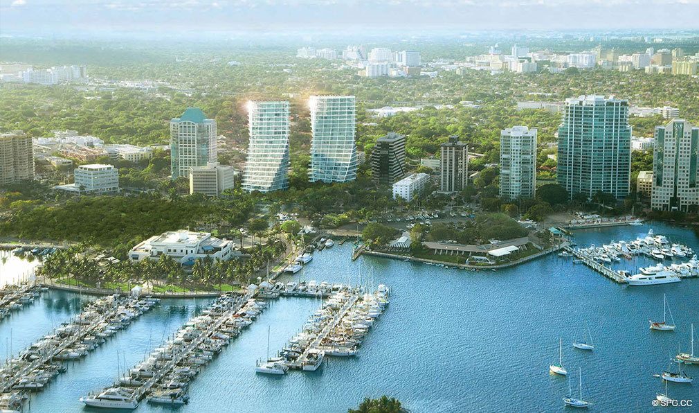 Aerial View of Grove at Grand Bay, Luxury Waterfront Condominiums at 2669 South Bayshore Dr, Miami, FL 33133