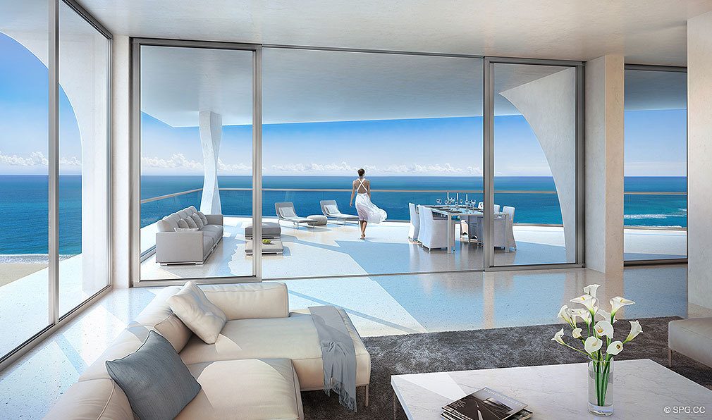 Living Room at Jade Signature, Luxury Oceanfront Condominiums Located at 16901 Collins Ave, Sunny Isles Beach, FL 33160
